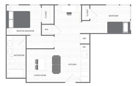 A floor plan of a house with a master bedroom, two bathrooms, a living room, a kitchen, and two bedrooms.